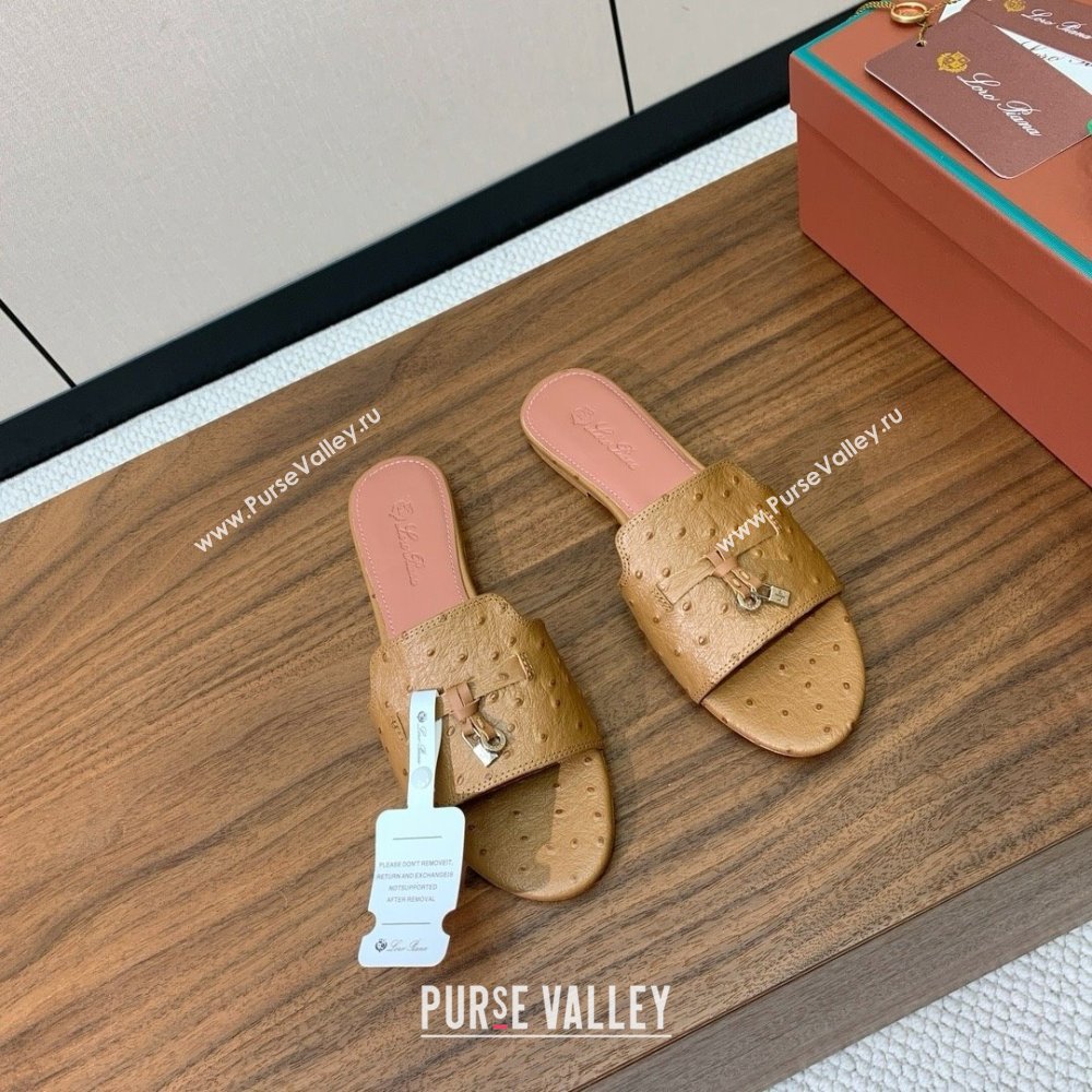 Loro Piana Summer Charms Slides Sandal in Ostrich Pattern Leather LP62320 Brown 2025 (HH-25062320)