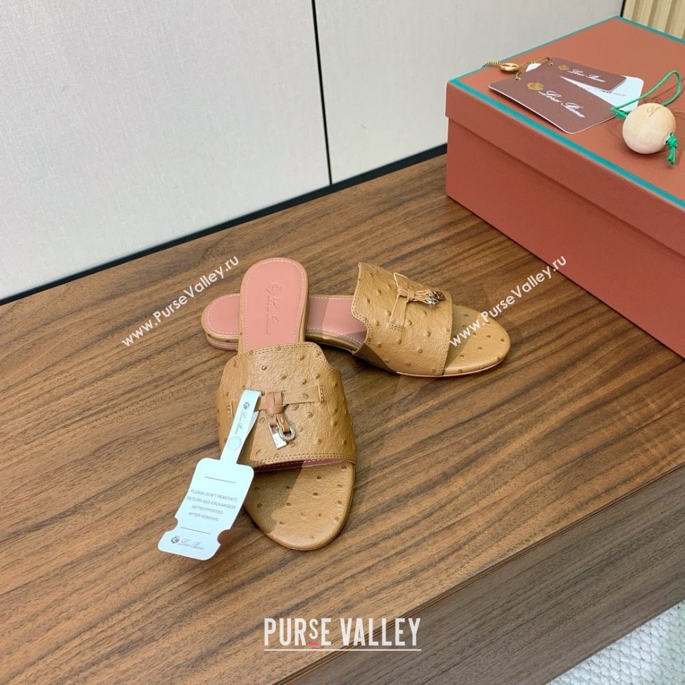 Loro Piana Summer Charms Slides Sandal in Ostrich Pattern Leather LP62320 Brown 2025 (HH-25062320)