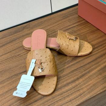 Loro Piana Summer Charms Slides Sandal in Ostrich Pattern Leather LP62320 Brown 2025 (HH-25062320)