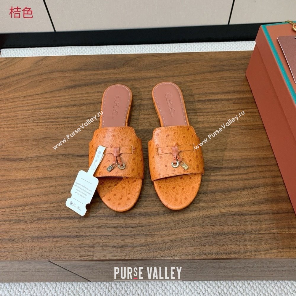 Loro Piana Summer Charms Slides Sandal in Ostrich Pattern Leather LP62322 Orange 2025 (HH-25062322)