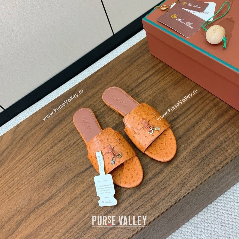Loro Piana Summer Charms Slides Sandal in Ostrich Pattern Leather LP62322 Orange 2025 (HH-25062322)