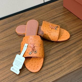Loro Piana Summer Charms Slides Sandal in Ostrich Pattern Leather LP62322 Orange 2025 (HH-25062322)