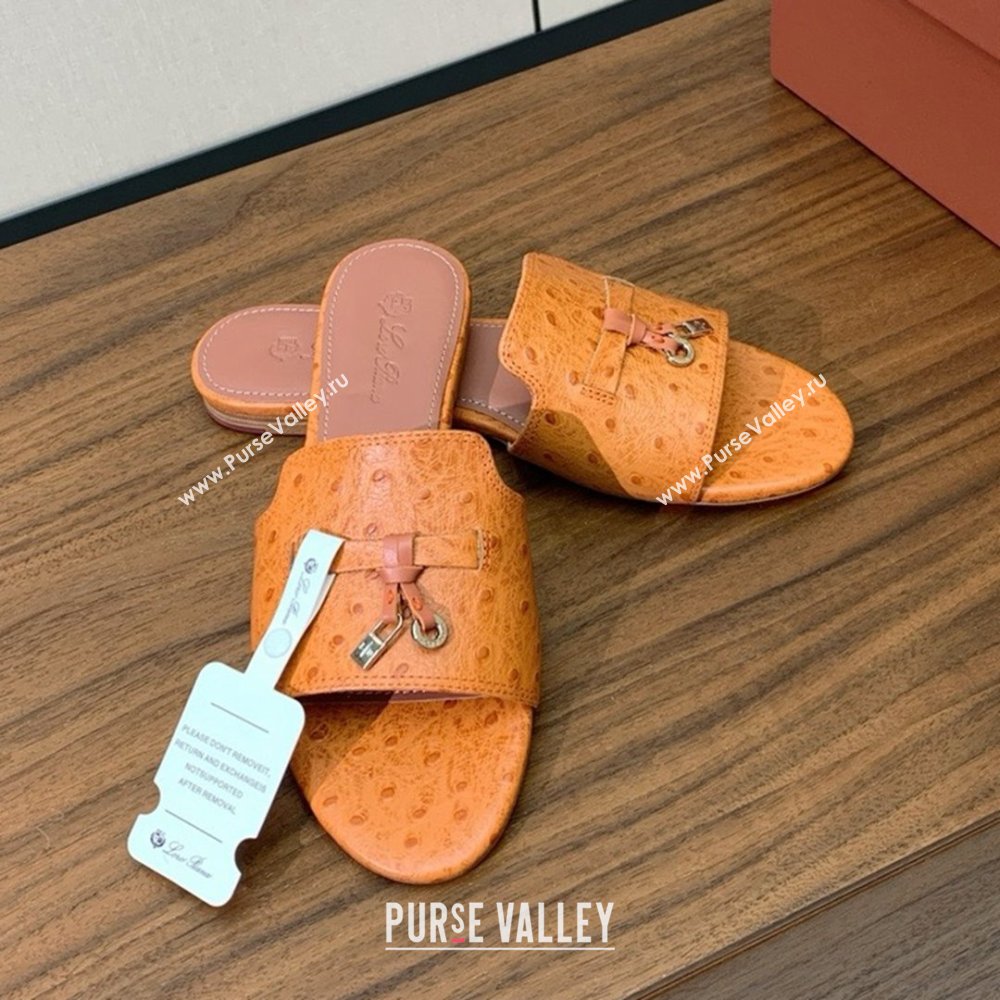 Loro Piana Summer Charms Slides Sandal in Ostrich Pattern Leather LP62322 Orange 2025 (HH-25062322)