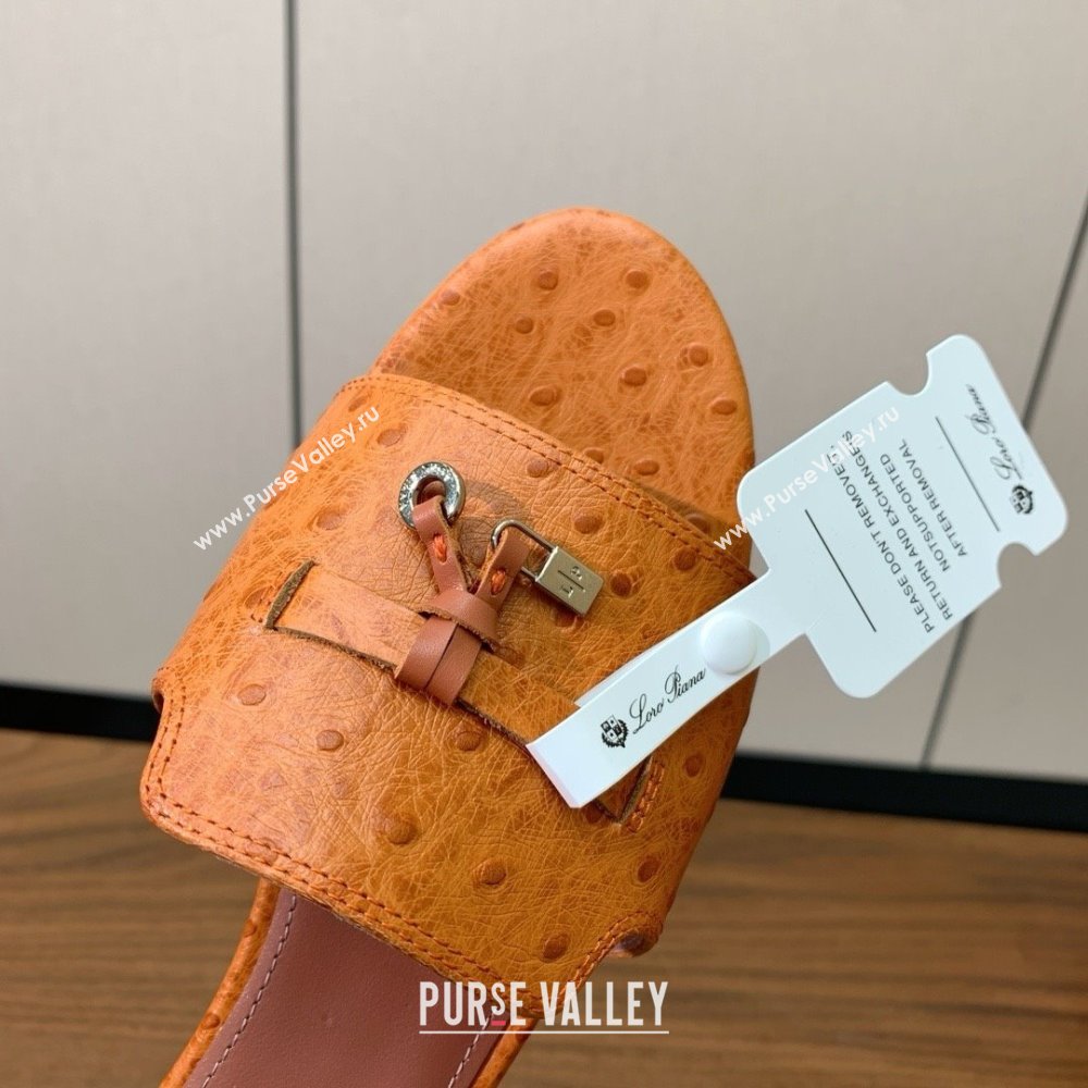 Loro Piana Summer Charms Slides Sandal in Ostrich Pattern Leather LP62322 Orange 2025 (HH-25062322)