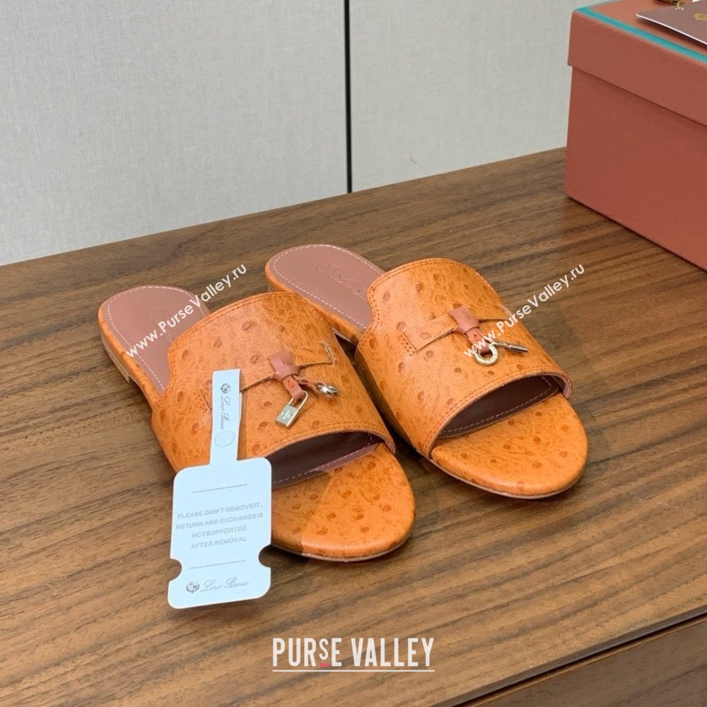 Loro Piana Summer Charms Slides Sandal in Ostrich Pattern Leather LP62322 Orange 2025 (HH-25062322)