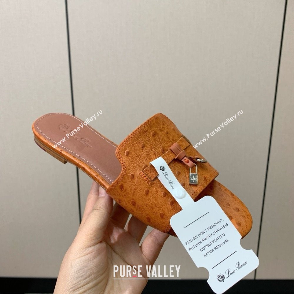 Loro Piana Summer Charms Slides Sandal in Ostrich Pattern Leather LP62322 Orange 2025 (HH-25062322)