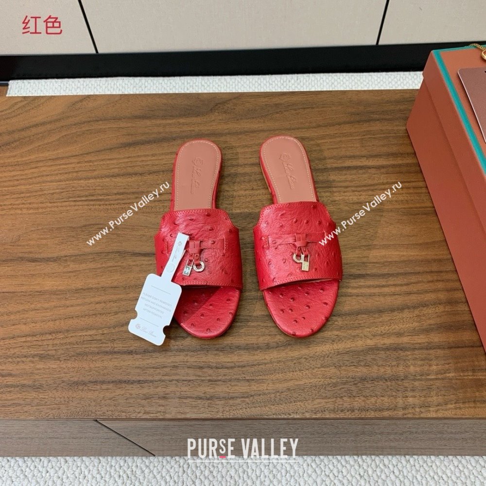 Loro Piana Summer Charms Slides Sandal in Ostrich Pattern Leather LP62323 Red 2025 (HH-25062323)