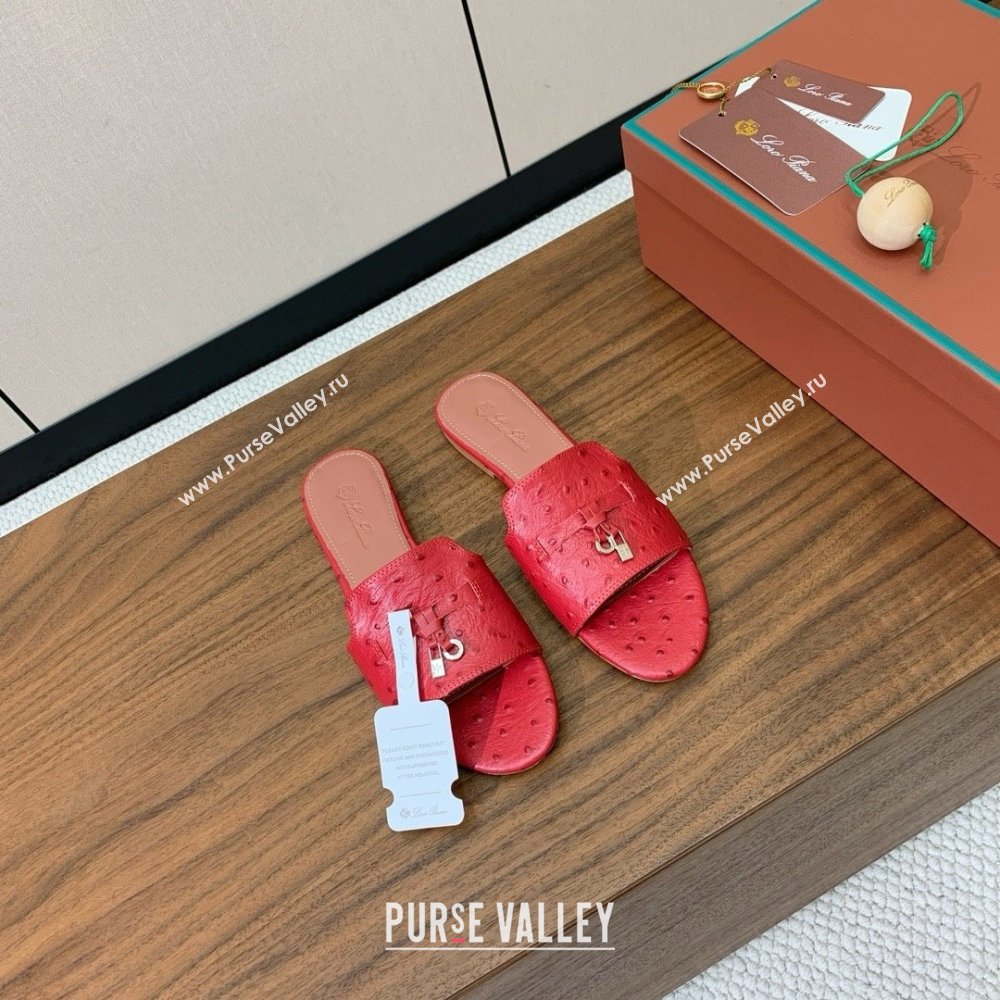 Loro Piana Summer Charms Slides Sandal in Ostrich Pattern Leather LP62323 Red 2025 (HH-25062323)