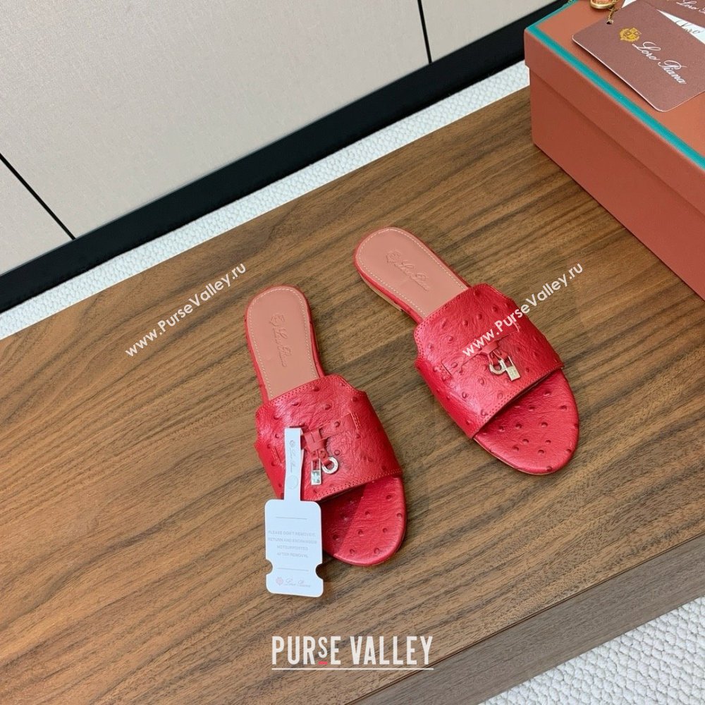 Loro Piana Summer Charms Slides Sandal in Ostrich Pattern Leather LP62323 Red 2025 (HH-25062323)