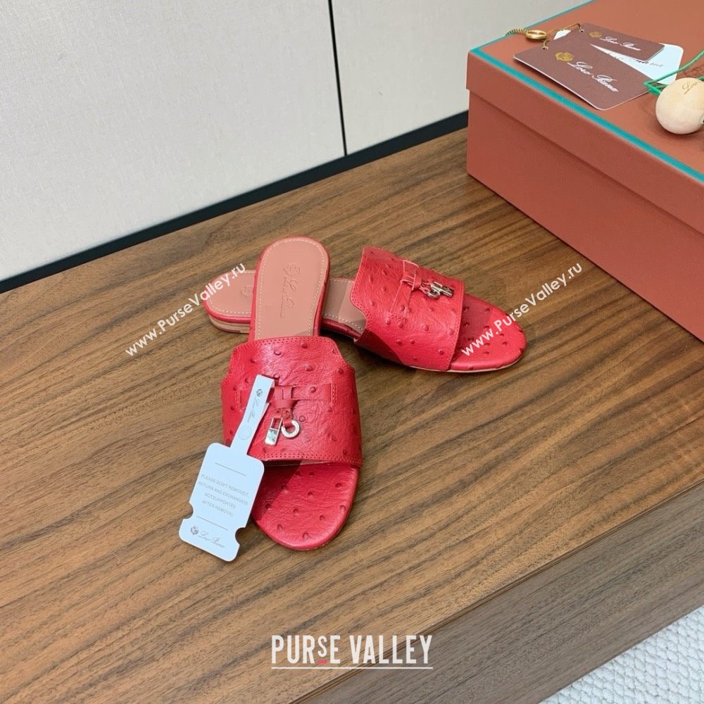 Loro Piana Summer Charms Slides Sandal in Ostrich Pattern Leather LP62323 Red 2025 (HH-25062323)