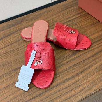 Loro Piana Summer Charms Slides Sandal in Ostrich Pattern Leather LP62323 Red 2025 (HH-25062323)