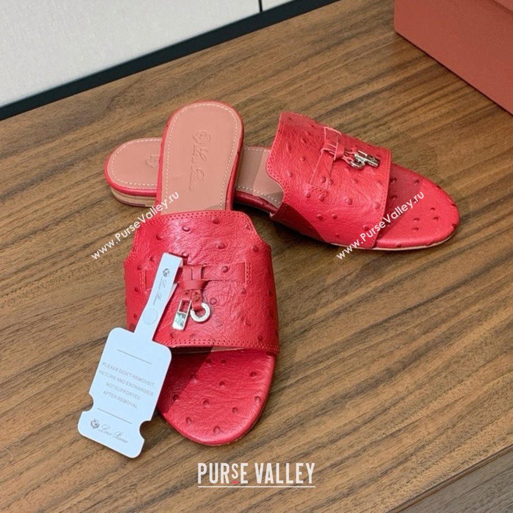Loro Piana Summer Charms Slides Sandal in Ostrich Pattern Leather LP62323 Red 2025 (HH-25062323)