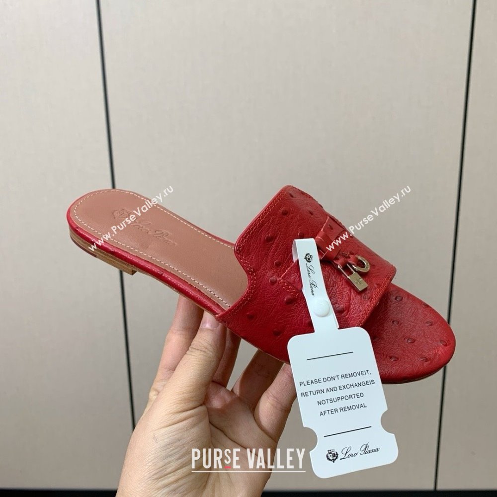 Loro Piana Summer Charms Slides Sandal in Ostrich Pattern Leather LP62323 Red 2025 (HH-25062323)