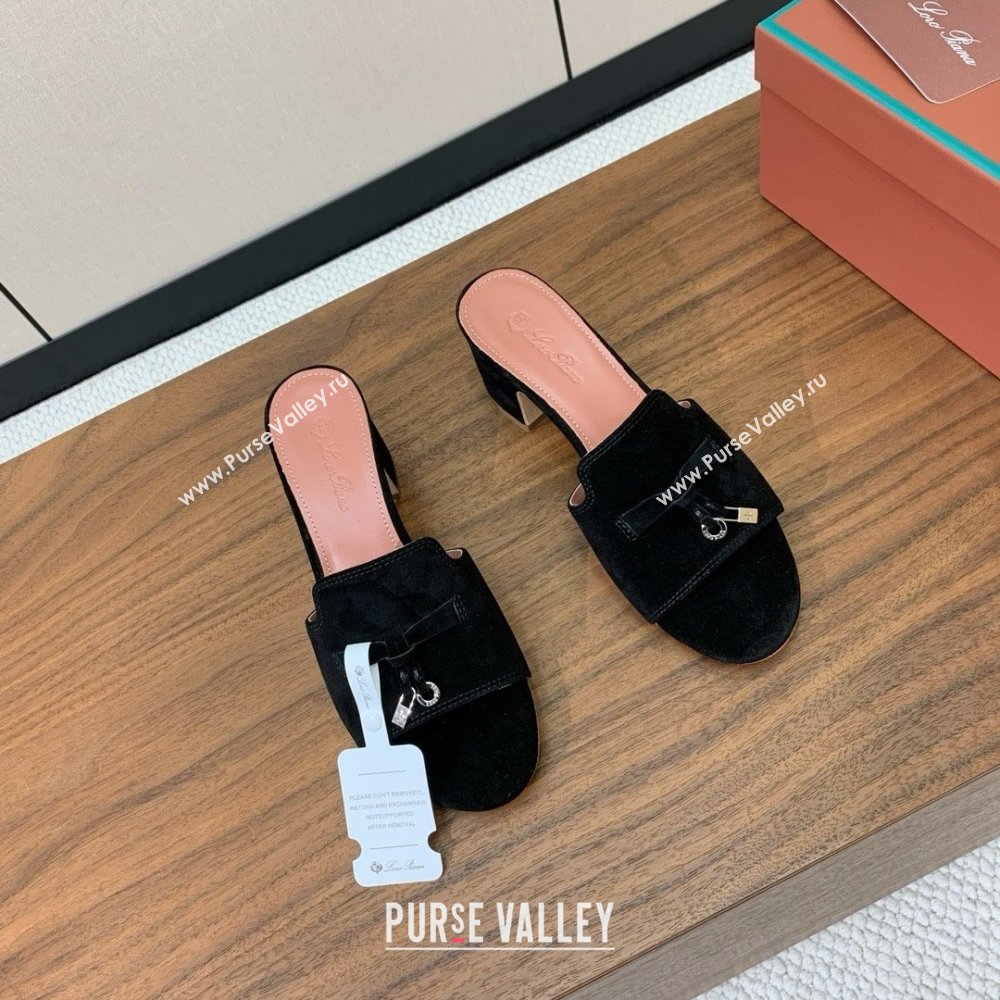 Loro Piana Summer Charms Sandal 5.5cm Heel in Suede LP62002 Black 2025 (HH-25062002)