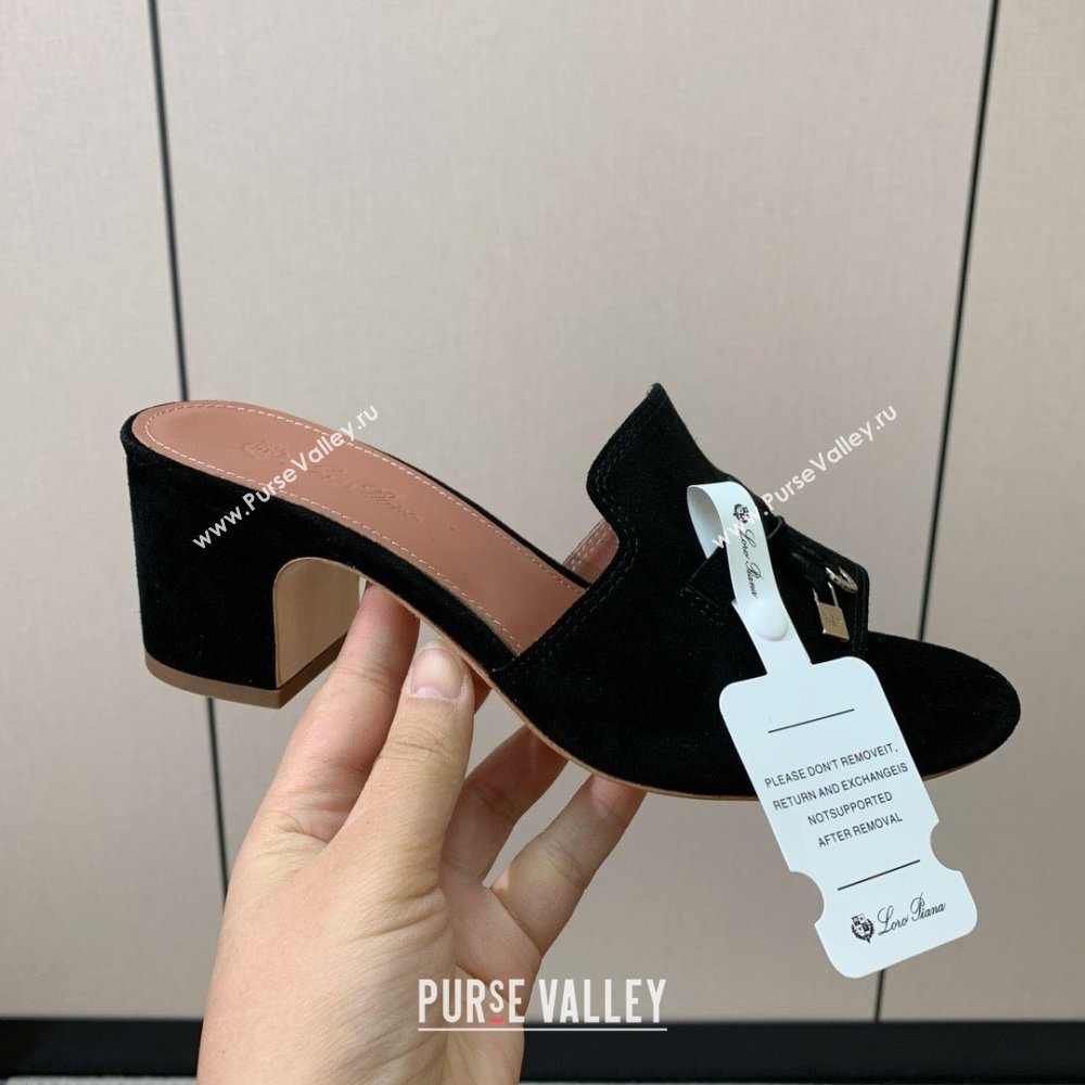 Loro Piana Summer Charms Sandal 5.5cm Heel in Suede LP62002 Black 2025 (HH-25062002)