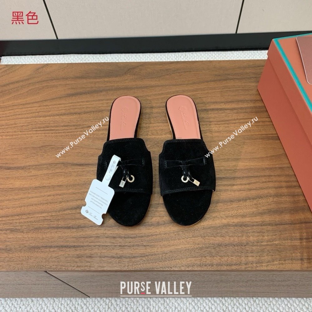 Loro Piana Summer Charms Slides Sandal in Suede LP62020 Black 2025 (HH-25062020)