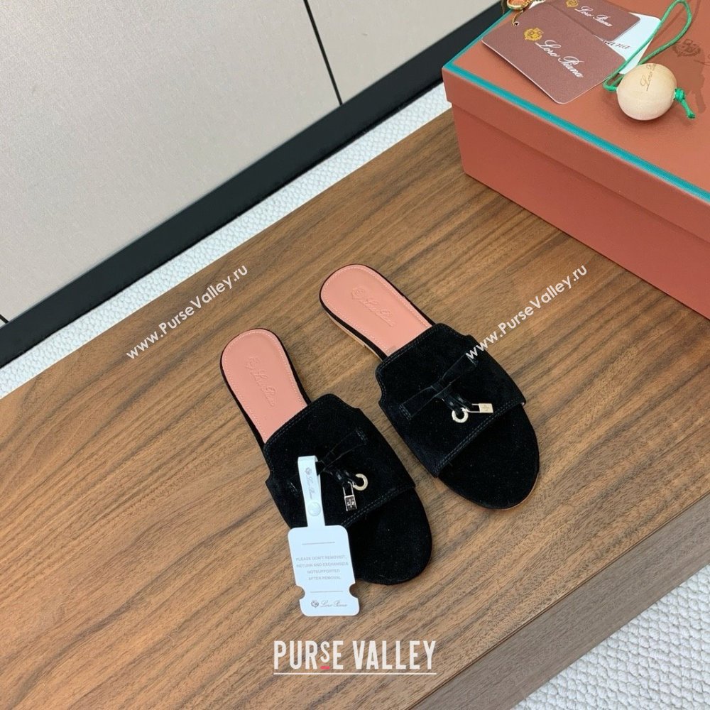 Loro Piana Summer Charms Slides Sandal in Suede LP62020 Black 2025 (HH-25062020)