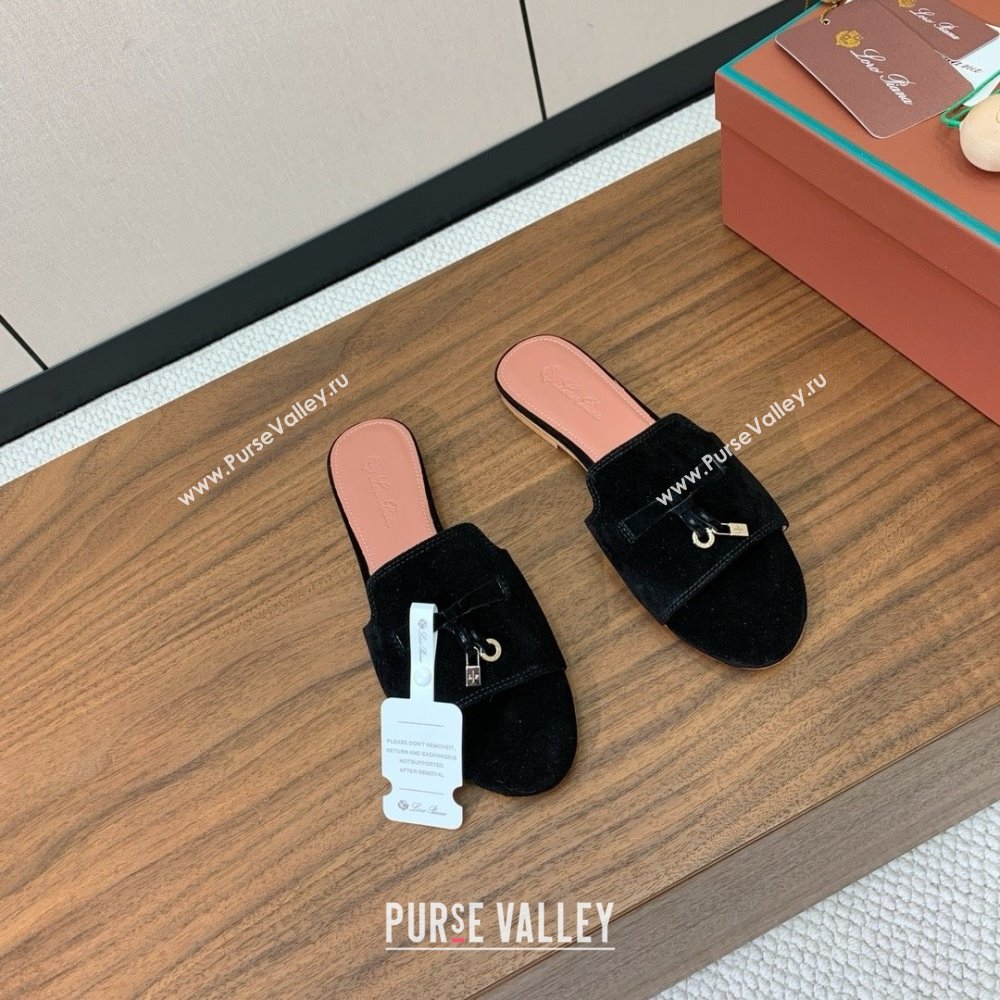 Loro Piana Summer Charms Slides Sandal in Suede LP62020 Black 2025 (HH-25062020)