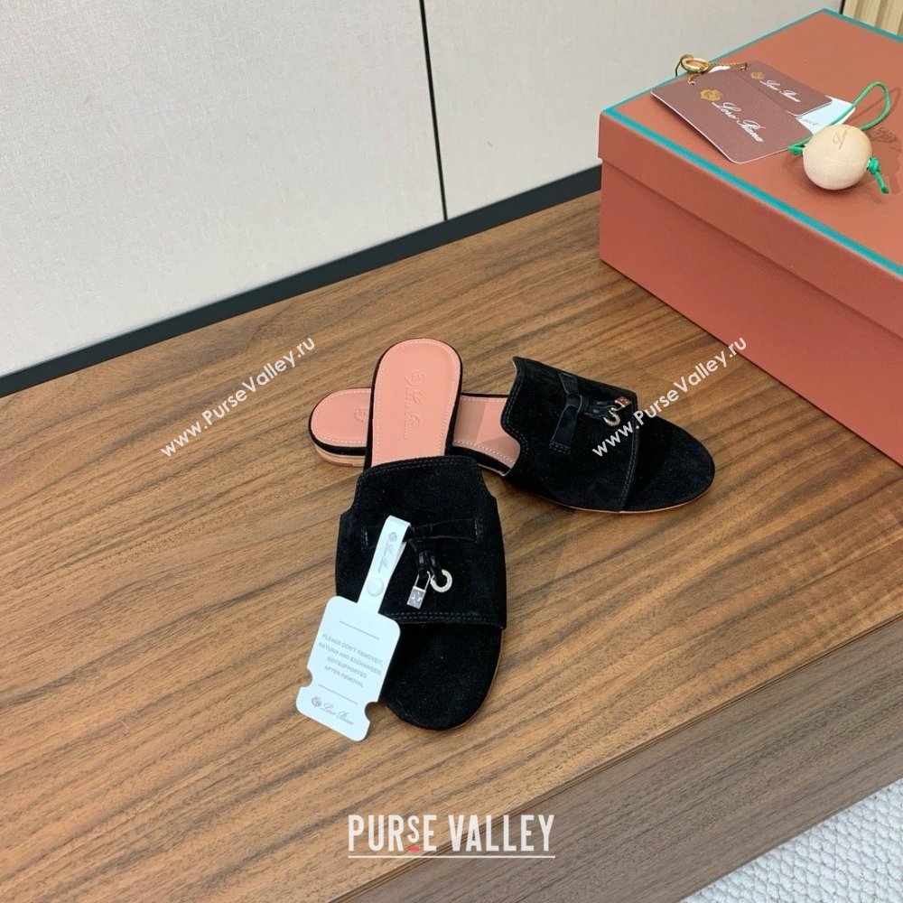 Loro Piana Summer Charms Slides Sandal in Suede LP62020 Black 2025 (HH-25062020)
