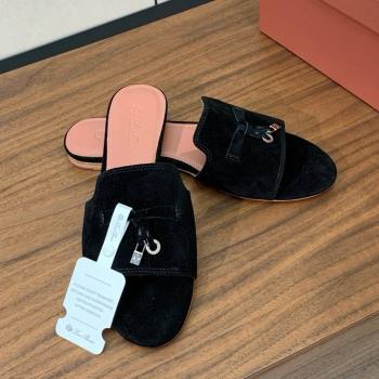 Loro Piana Summer Charms Slides Sandal in Suede LP62020 Black 2025 (HH-25062020)