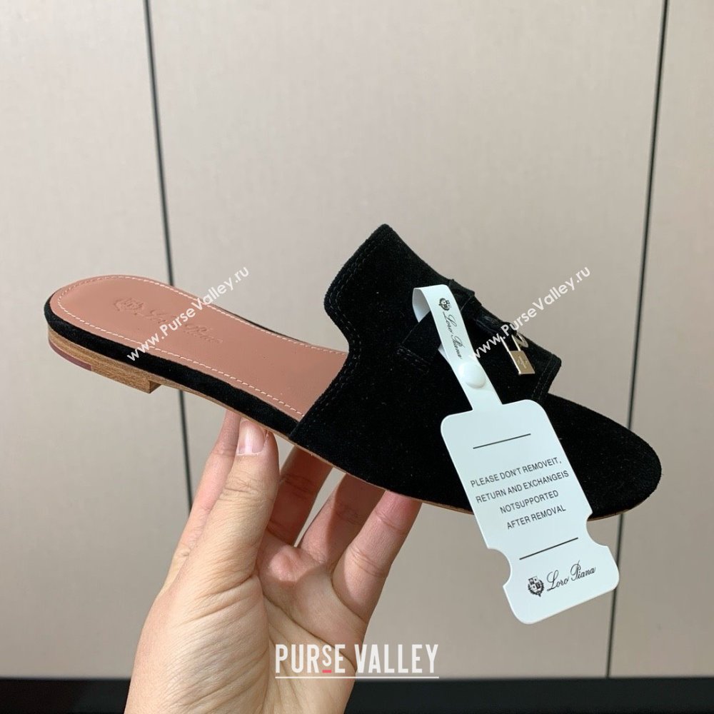 Loro Piana Summer Charms Slides Sandal in Suede LP62020 Black 2025 (HH-25062020)