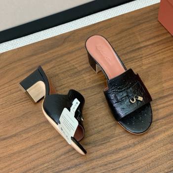 Loro Piana Summer Charms Sandal 5.5cm Heel in Ostrich Pattern Leather LP62302 Black 2025 (HH-25062302)