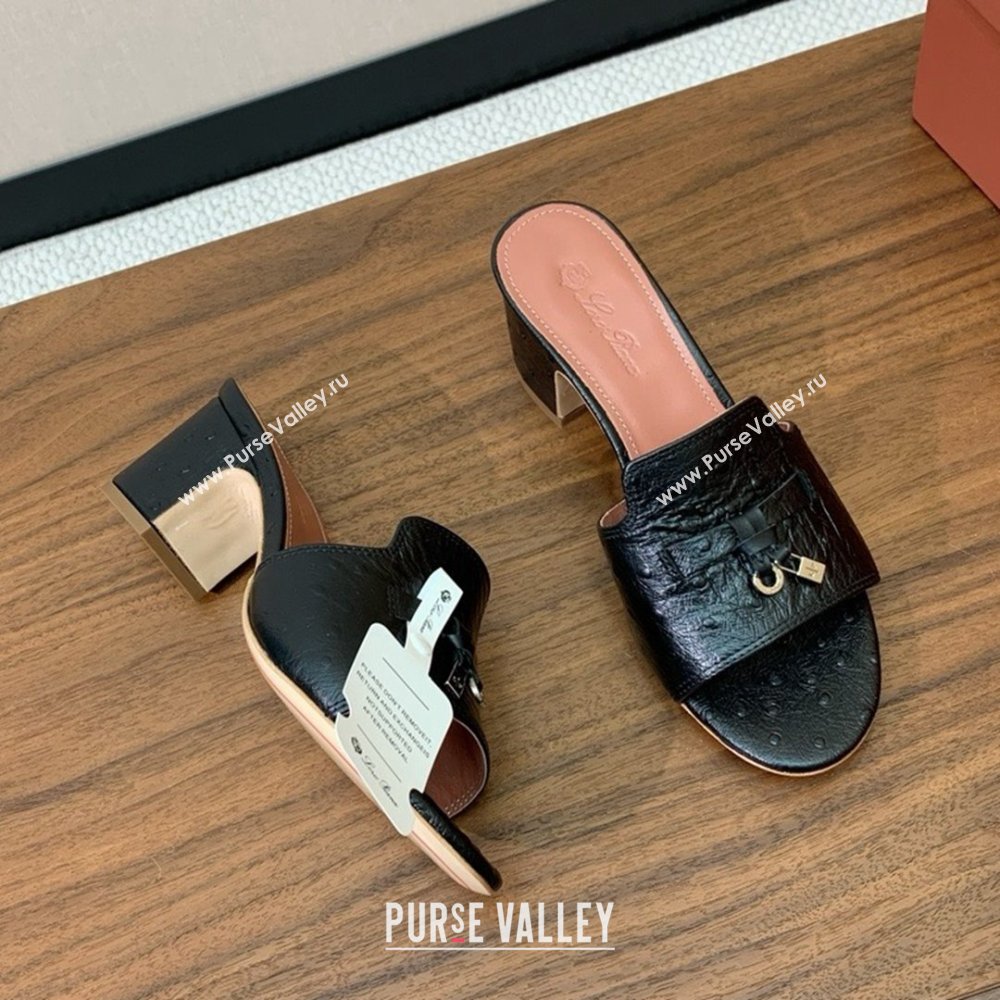 Loro Piana Summer Charms Sandal 5.5cm Heel in Ostrich Pattern Leather LP62302 Black 2025 (HH-25062302)