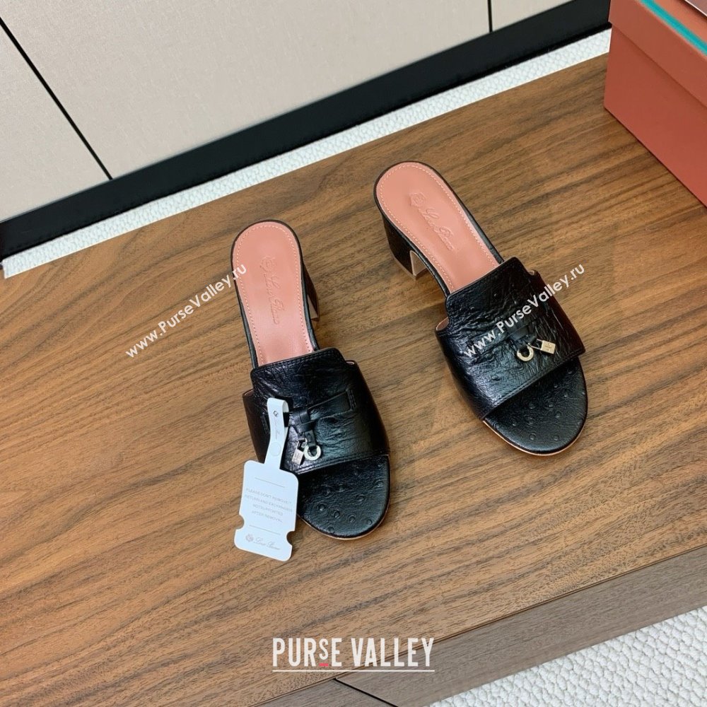 Loro Piana Summer Charms Sandal 5.5cm Heel in Ostrich Pattern Leather LP62302 Black 2025 (HH-25062302)