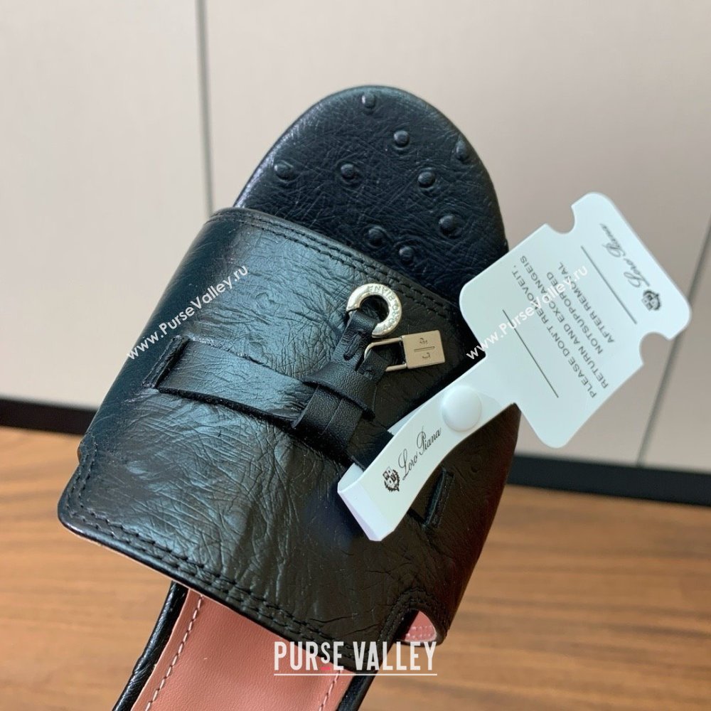 Loro Piana Summer Charms Sandal 5.5cm Heel in Ostrich Pattern Leather LP62302 Black 2025 (HH-25062302)