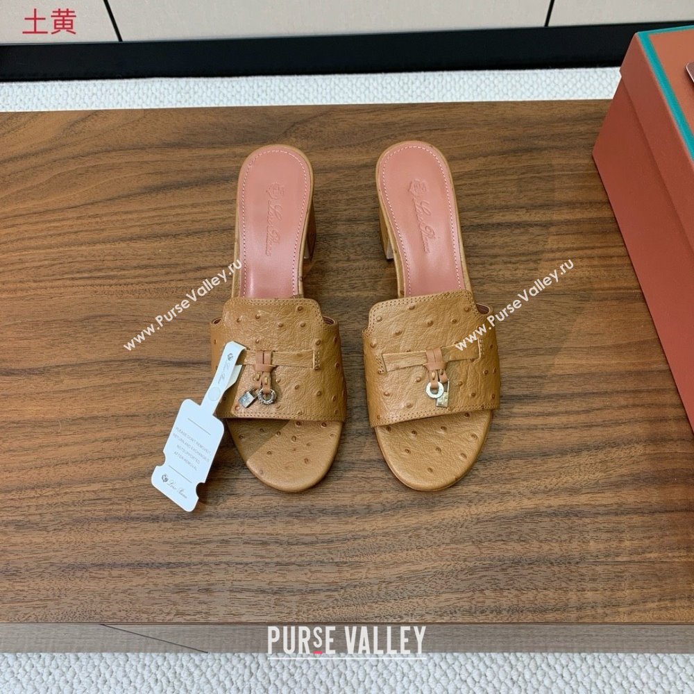 Loro Piana Summer Charms Sandal 5.5cm Heel in Ostrich Pattern Leather LP62307 Brown 2025 (HH-25062307)
