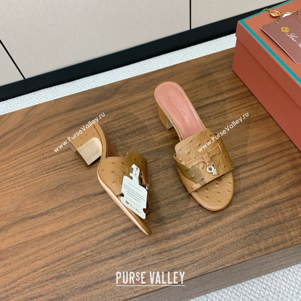 Loro Piana Summer Charms Sandal 5.5cm Heel in Ostrich Pattern Leather LP62307 Brown 2025 (HH-25062307)