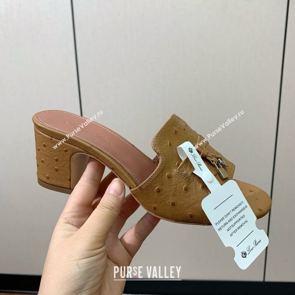 Loro Piana Summer Charms Sandal 5.5cm Heel in Ostrich Pattern Leather LP62307 Brown 2025 (HH-25062307)