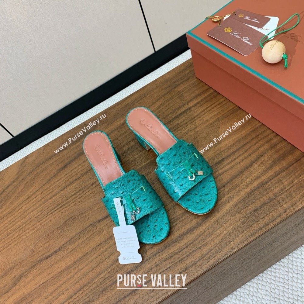 Loro Piana Summer Charms Sandal 5.5cm Heel in Ostrich Pattern Leather LP62309 Green 02 2025 (HH-25062309)