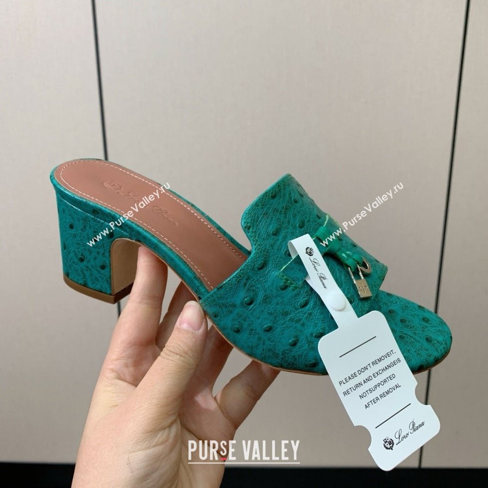 Loro Piana Summer Charms Sandal 5.5cm Heel in Ostrich Pattern Leather LP62309 Green 02 2025 (HH-25062309)