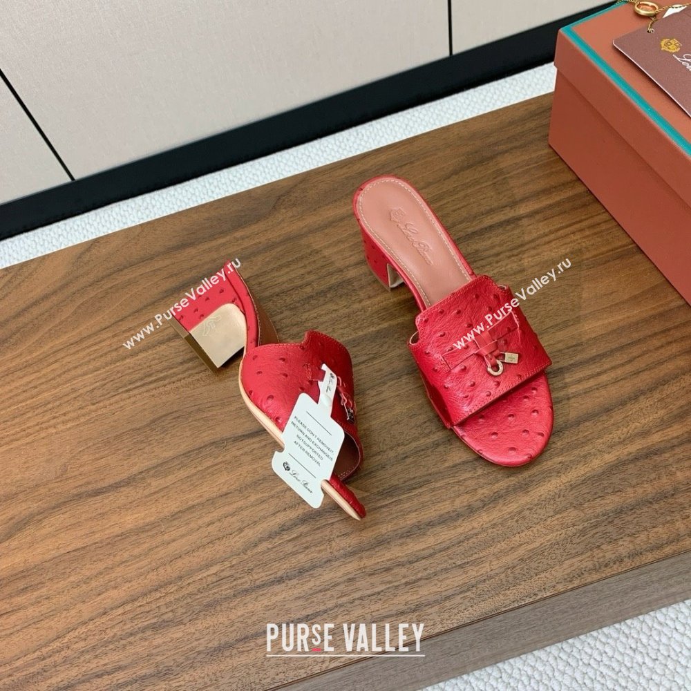 Loro Piana Summer Charms Sandal 5.5cm Heel in Ostrich Pattern Leather LP62311 Red 2025 (HH-25062312)
