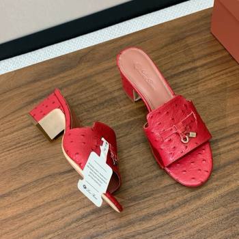 Loro Piana Summer Charms Sandal 5.5cm Heel in Ostrich Pattern Leather LP62311 Red 2025 (HH-25062312)