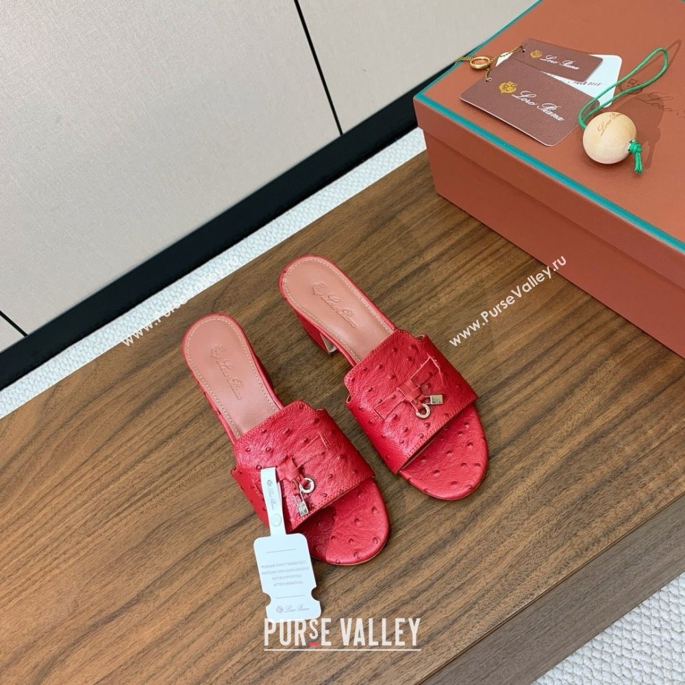 Loro Piana Summer Charms Sandal 5.5cm Heel in Ostrich Pattern Leather LP62311 Red 2025 (HH-25062312)