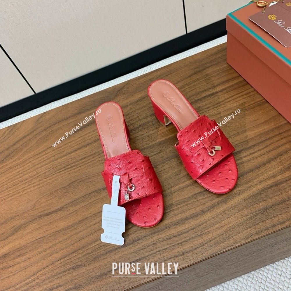 Loro Piana Summer Charms Sandal 5.5cm Heel in Ostrich Pattern Leather LP62311 Red 2025 (HH-25062312)