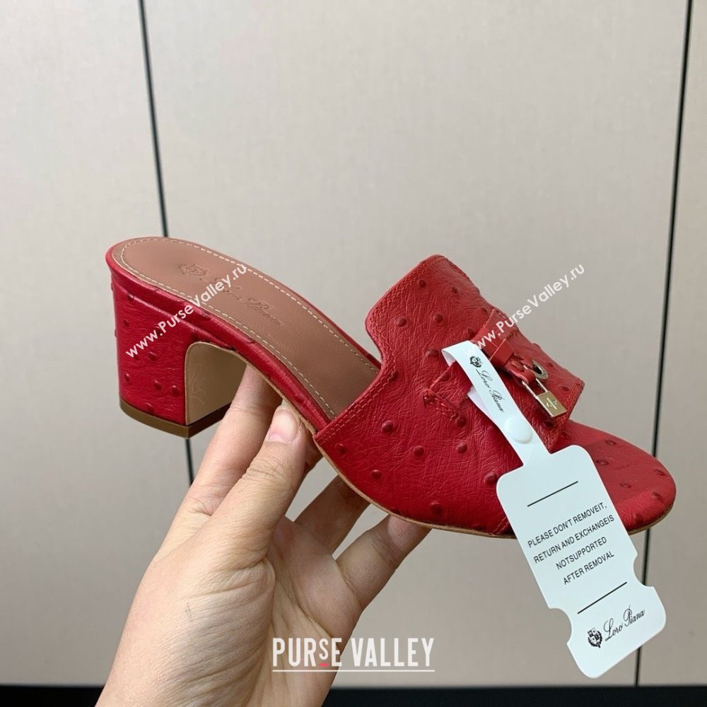 Loro Piana Summer Charms Sandal 5.5cm Heel in Ostrich Pattern Leather LP62311 Red 2025 (HH-25062312)