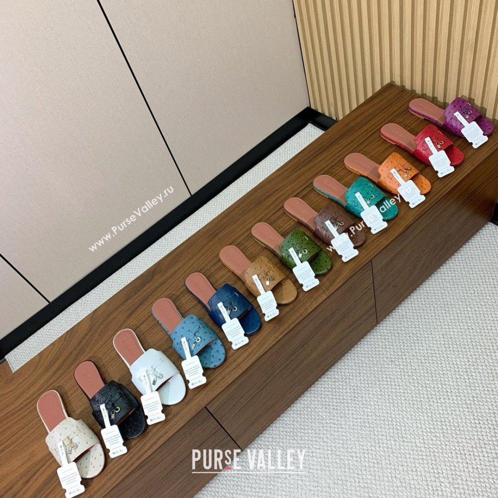 Loro Piana Summer Charms Slides Sandal in Ostrich Pattern Leather LP62317 Caramel 2025 (HH-25062317)