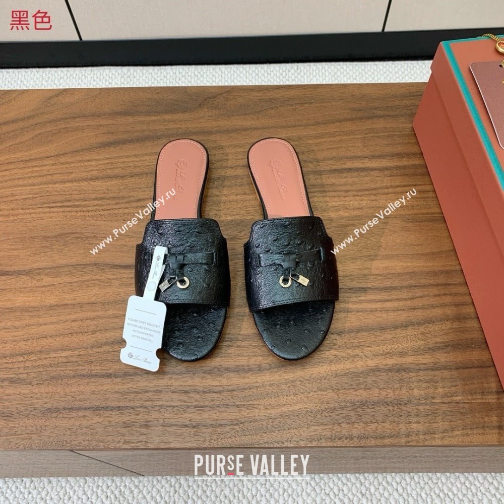 Loro Piana Summer Charms Slides Sandal in Ostrich Pattern Leather LP62314 Black 2025 (HH-25062314)