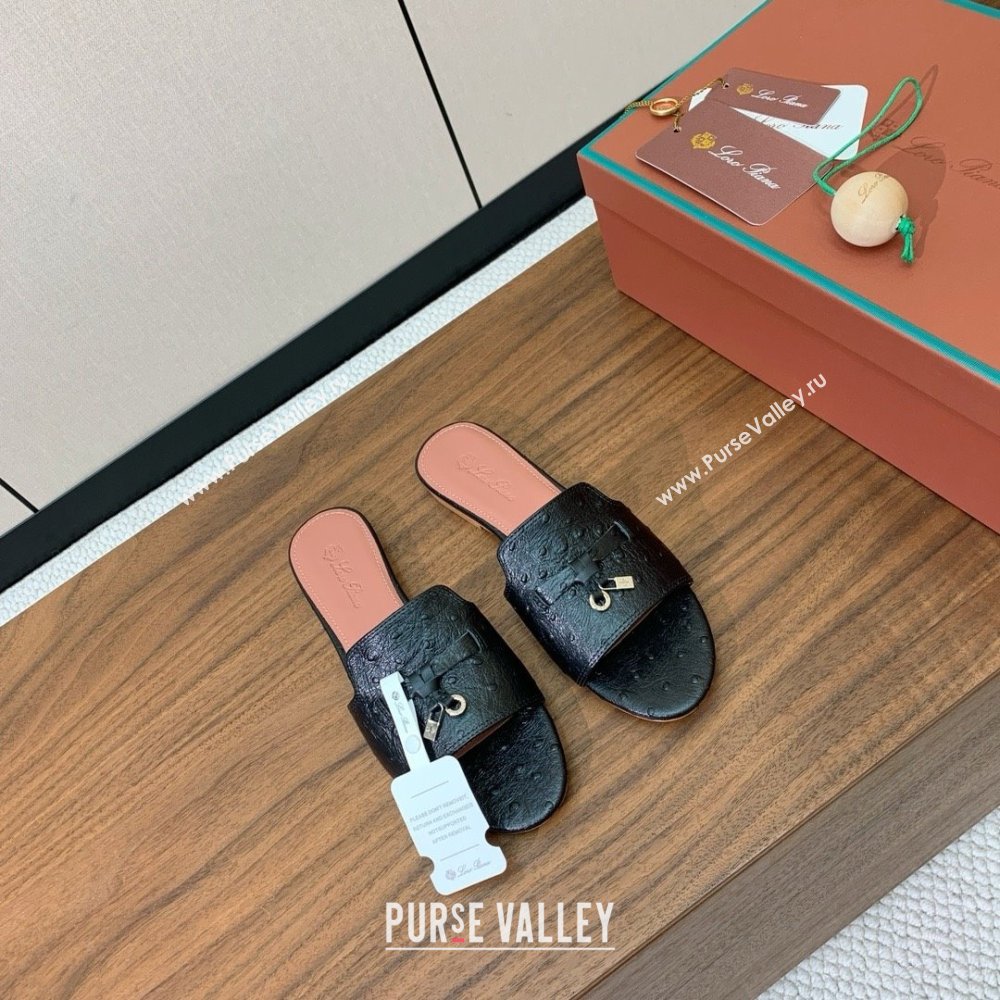 Loro Piana Summer Charms Slides Sandal in Ostrich Pattern Leather LP62314 Black 2025 (HH-25062314)