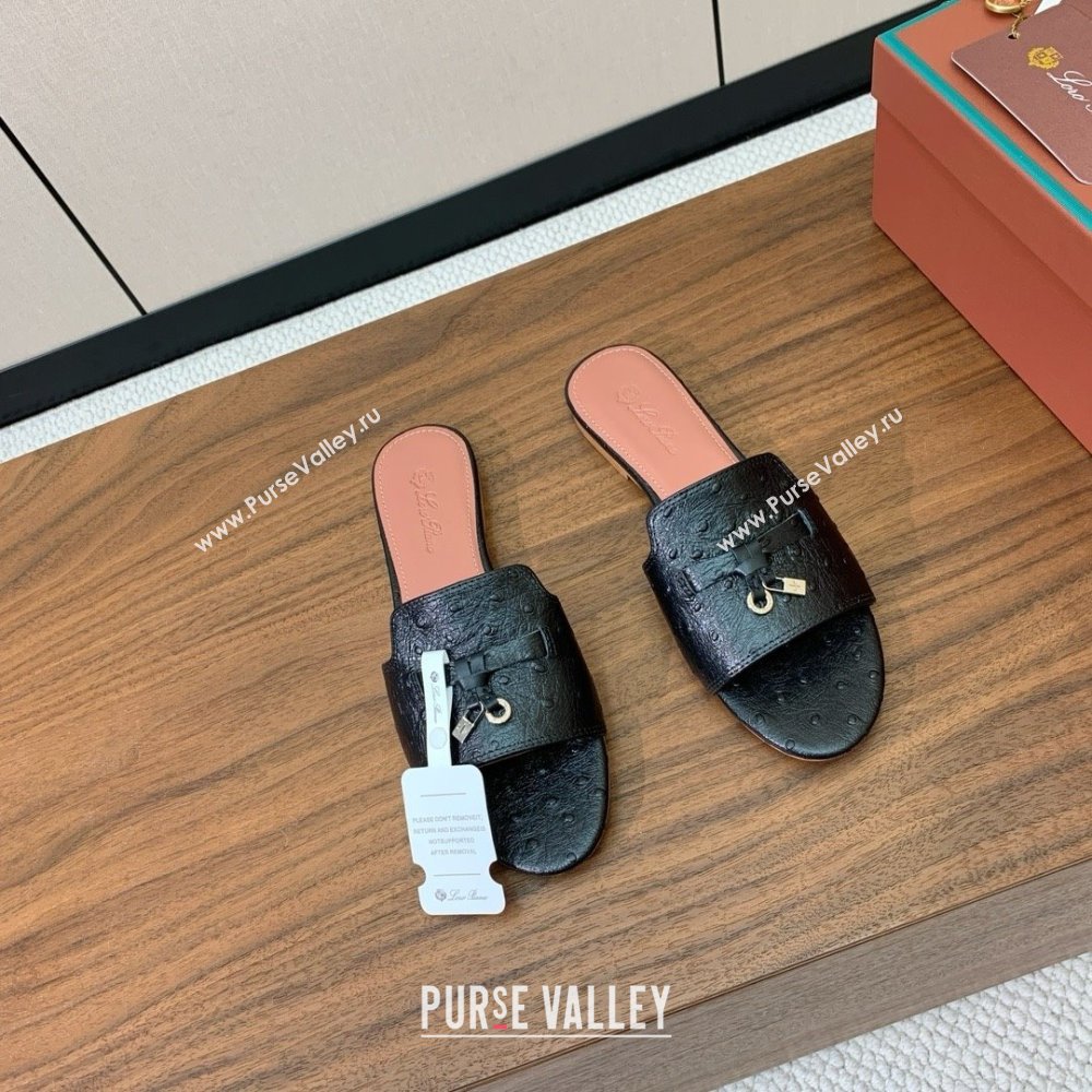 Loro Piana Summer Charms Slides Sandal in Ostrich Pattern Leather LP62314 Black 2025 (HH-25062314)