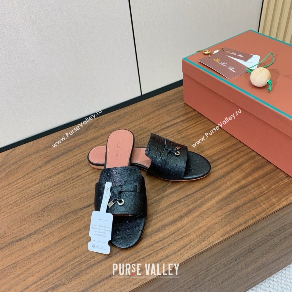 Loro Piana Summer Charms Slides Sandal in Ostrich Pattern Leather LP62314 Black 2025 (HH-25062314)