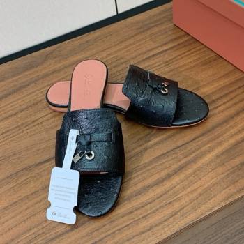 Loro Piana Summer Charms Slides Sandal in Ostrich Pattern Leather LP62314 Black 2025 (HH-25062314)