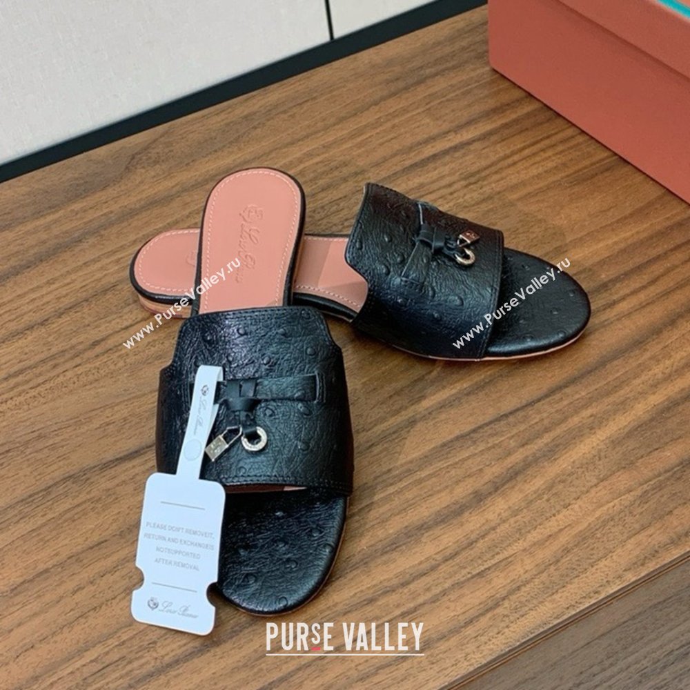 Loro Piana Summer Charms Slides Sandal in Ostrich Pattern Leather LP62314 Black 2025 (HH-25062314)
