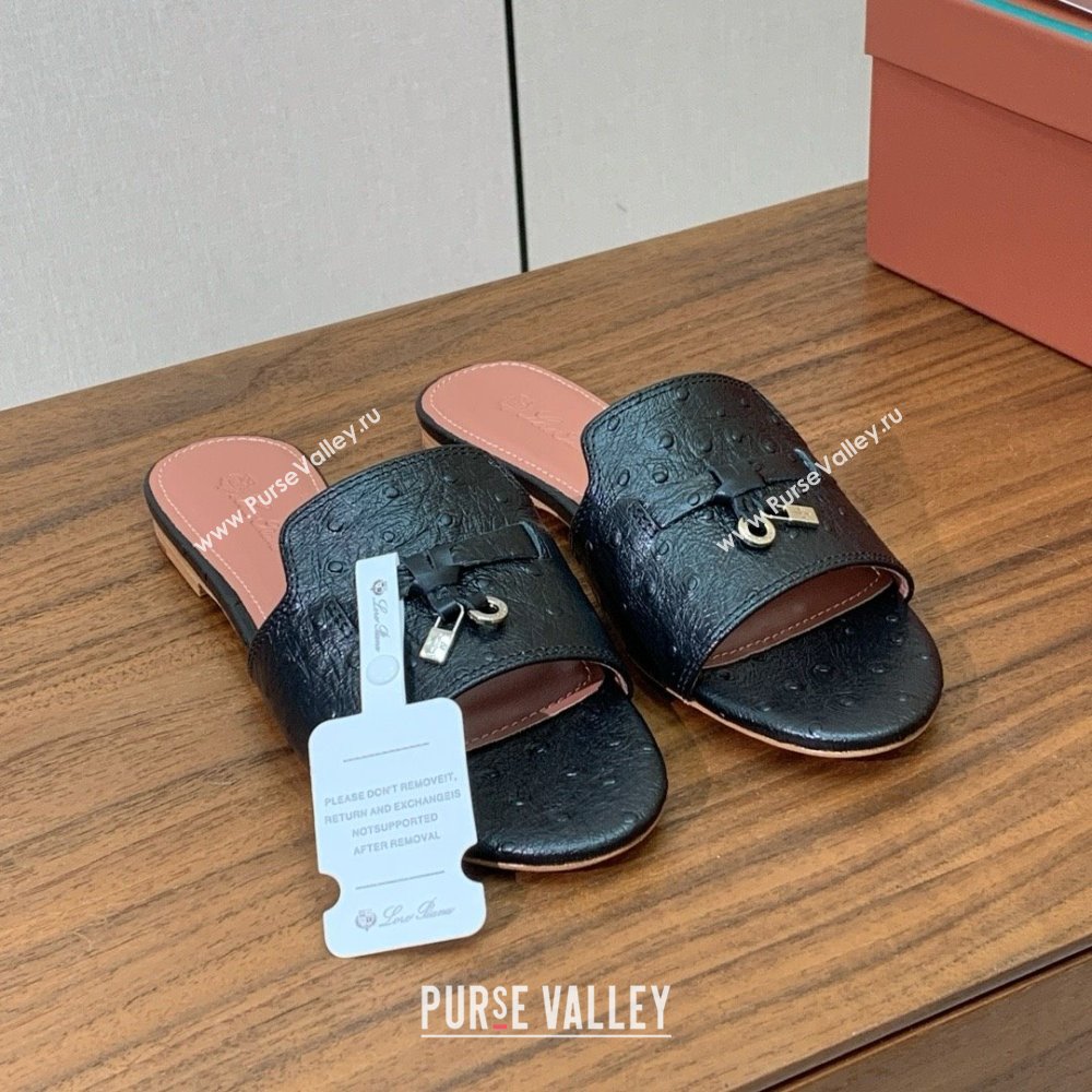 Loro Piana Summer Charms Slides Sandal in Ostrich Pattern Leather LP62314 Black 2025 (HH-25062314)