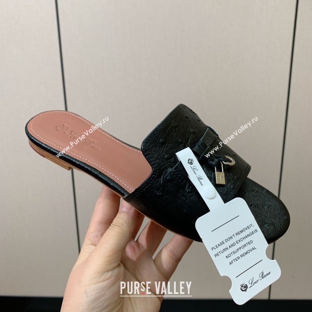 Loro Piana Summer Charms Slides Sandal in Ostrich Pattern Leather LP62314 Black 2025 (HH-25062314)