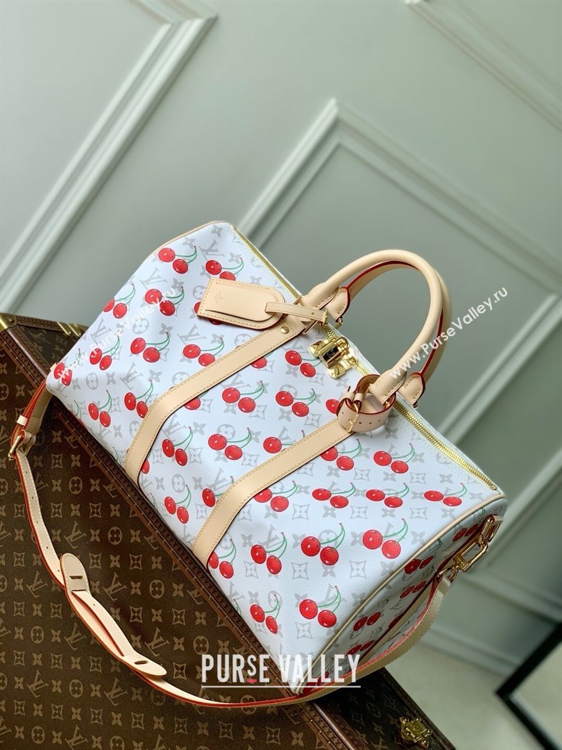 Louis Vuitton LV x TM Keepall Bandouliere 45 Bag in Monogram Cherry Canvas M13764 White 2025 (K-25061606)