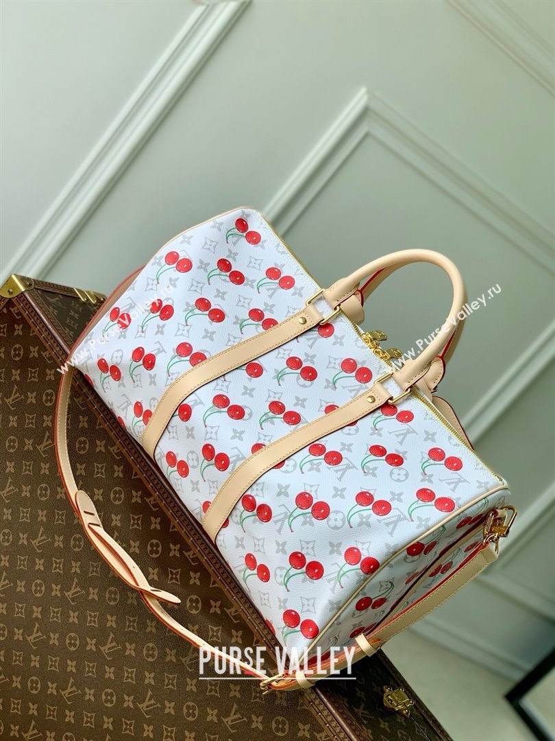 Louis Vuitton LV x TM Keepall Bandouliere 45 Bag in Monogram Cherry Canvas M13764 White 2025 (K-25061606)